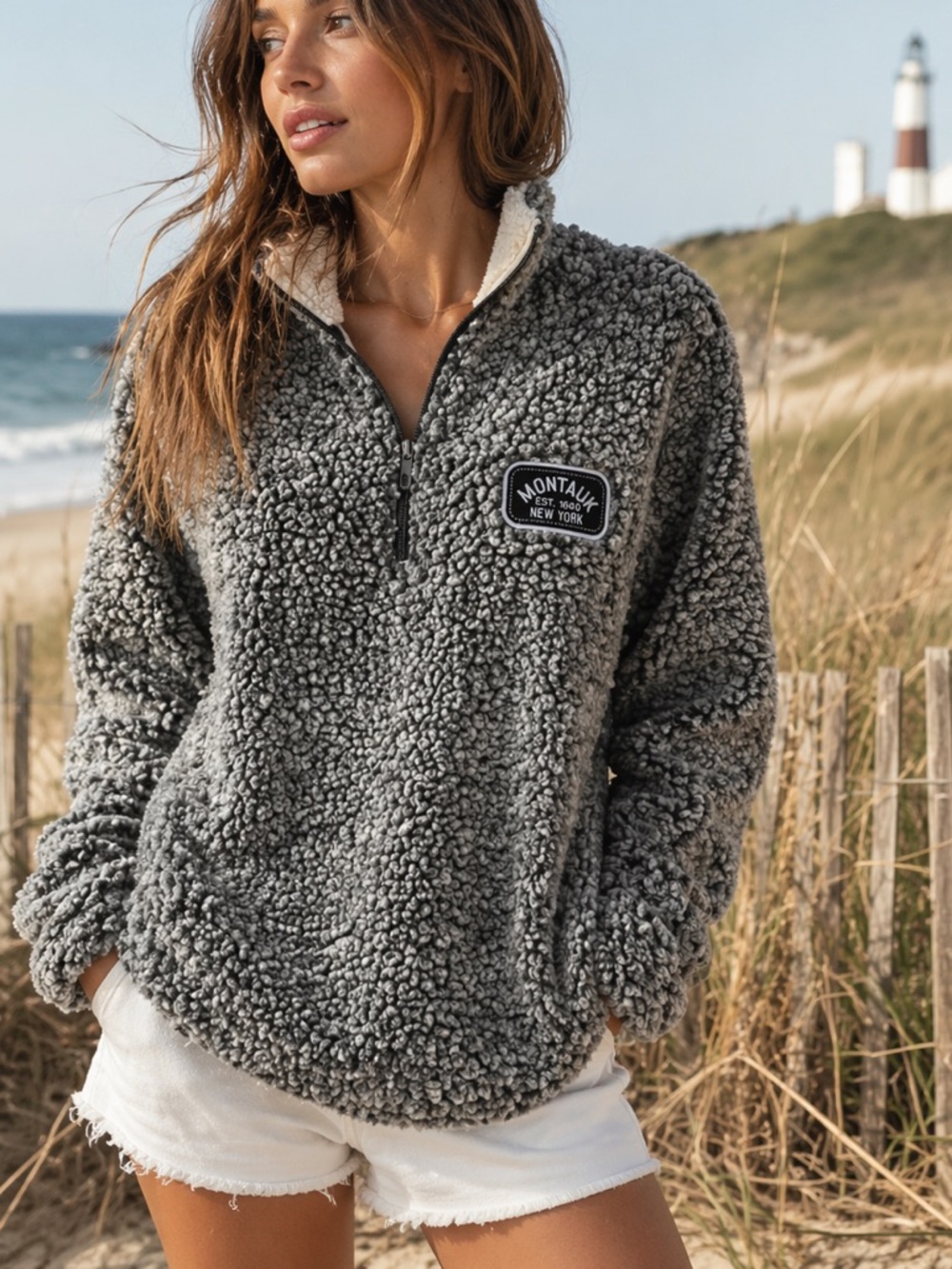 Montauk Clothing Co. Black & White Montauk Sherpa Quarter Zip Pullover Medium - Picture 1 of 8